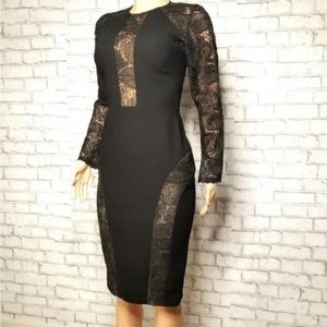 Nicole Bakti Mid Length, 3/4 Sleeve Dress with Lace Sleeves and Accents